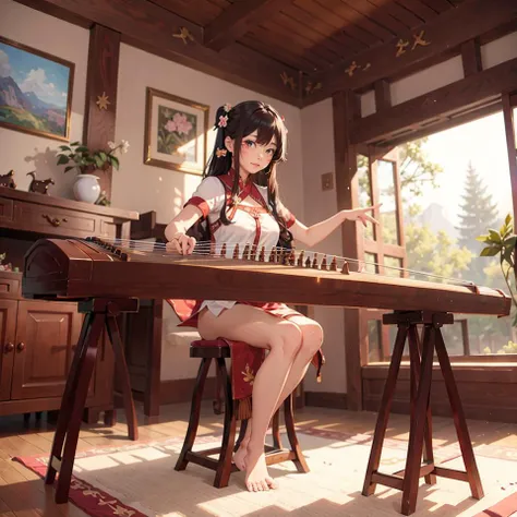 1girl, sitting, bare feet, playing guzheng, guzheng, bare arms, masterpiece, best quelity, 8k, Crop top, Wavy hairstyle, In a cozy living room