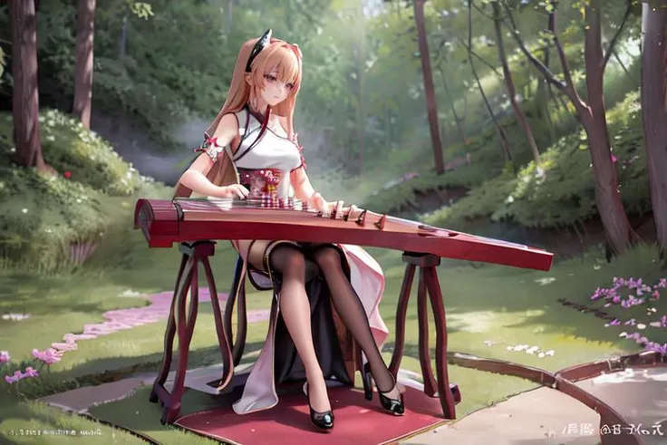 (otherworldly), highly insanely detailed, masterpiece, top quality, best quality, highres, 4k, 8k, RAW photo, (very aesthetic, beautiful and aesthetic), 1girl, sitting, high heels, playing guzheng, guzheng, bare arms, pantyhose, <lora:guzheng-000007:1>, (fantasy world)