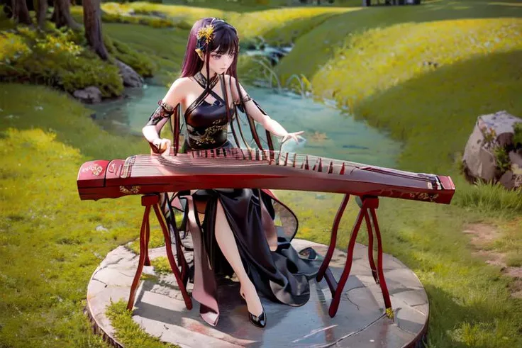 (otherworldly), highly insanely detailed, masterpiece, top quality, best quality, highres, 4k, 8k, RAW photo, (very aesthetic, beautiful and aesthetic), 1girl, sitting, high heels, playing guzheng, guzheng, bare arms, pantyhose, <lora:guzheng-000007:1>, (fantasy world)