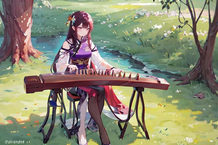 (otherworldly), highly insanely detailed, masterpiece, top quality, best quality, highres, 4k, 8k, RAW photo, (very aesthetic, beautiful and aesthetic), 1girl, sitting, high heels, playing guzheng, guzheng, bare arms, pantyhose, <lora:guzheng-000007:1>, (fantasy world)