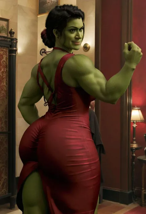 green skin, A full-body depiction of a she-hulk ohwx woman with ((hair tied back:1.5)) elegantly, an alluring crimson-maroon-scarlet spaghetti-strap sleeveless dress, a meticulously designed outfit, plunging neckline cleavage, a mesmerizing smile, looking at the viewer, 4k, ultra high res <lora:SHEHULK_SDXL-000005:0.75>