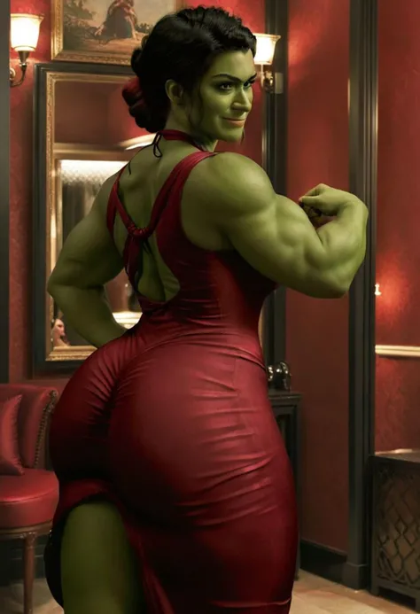 green skin, A full-body depiction of a she-hulk ohwx woman with ((hair tied back:1.5)) elegantly, an alluring crimson-maroon-scarlet spaghetti-strap sleeveless dress, a meticulously designed outfit, plunging neckline cleavage, a mesmerizing smile, looking at the viewer, beautiful pretty gorgeous seductive glamourous sexy, 4k, ultra high res <lora:SHEHULK_SDXL-000005:0.75>