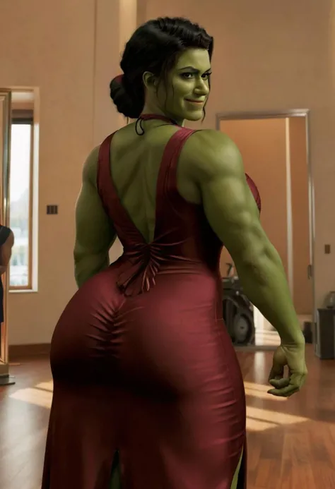green skin, A full-body depiction of a she-hulk ohwx woman with ((hair tied back:1.5)) elegantly, an alluring crimson-maroon-scarlet spaghetti-strap sleeveless dress, a meticulously designed outfit, plunging neckline cleavage, a mesmerizing smile, looking at the viewer, beautiful pretty gorgeous seductive glamourous sexy, 4k, ultra high res <lora:SHEHULK_SDXL-000005:0.75>