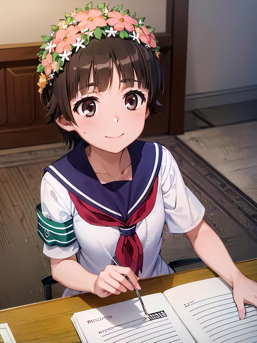 Anime girl sitting at a table with a book and a flower crown - SeaArt AI