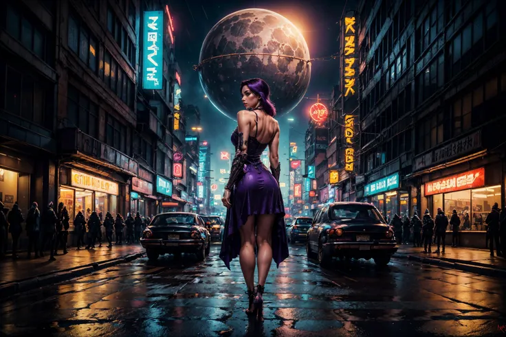 a woman in a purple dress and some men in black and purple outfits and a neon light up background, Enki Bilal, cyberpunk, cyberpunk art, (retrofuturism:1.5), 1girl, building, city, city lights, cityscape, cyberpunk, earth \(planet\), from behind, lens flare, lights, moon, neon lights, night, planet, rain, science fiction, skyscraper, space, thighhighs, underwear, (close-up shot:0.8), (asymmetrical:1.5), (alluring:1.42), (exquisitely seductive:1.34), (sublime:1.42), (fantastically epic:1.34), (masterpiece:1.45), (absurdres:1.42), (8k uhd:1.34), (4k, intricate:1.5), (realistic, photo-realistic:1.37) <lora:add_detail:1> <lora:epiCRealismHelper:1> <lora:SDXLrender_v1.0:0.5><lora:popular:0.99> <lora:tangbohu-detailmaker_v2.5:0.2> <lora:align_sd_lora:0.5> <lora:Tallia_F:0.6>