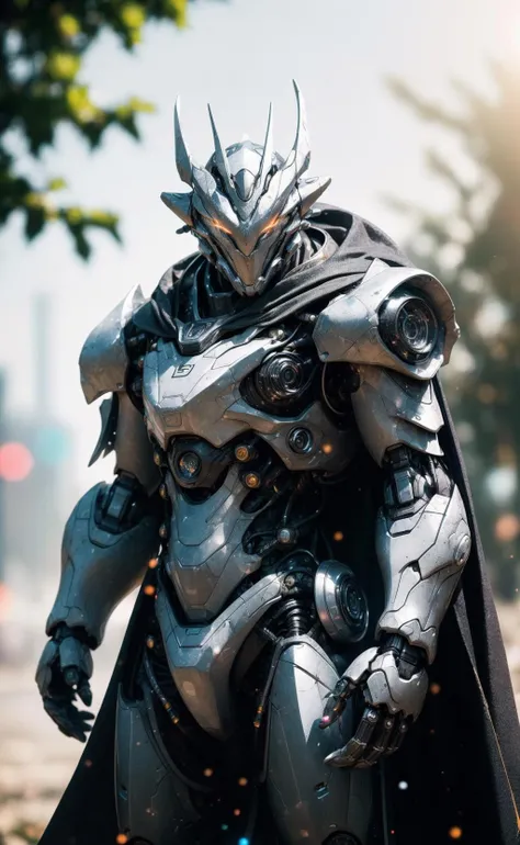 cgmech, (realistic), 
solo, white mecha robot, cape, science fiction, torn clothes, glowing, standing, robot joints, mecha, armor, cowboy shot, (floating cape), intense sunlight, silver dragonborn, outdoors, landscape, nature, 
((masterpiece, best quality)), <lora:cgmechmix_offset:1>, <lora:more_details:0.3>, <lora:nijiMecha:0.5>, <lora:dragonborn_offset:0.7>, 
volumetrics dtx, (film grain, blurry background, blurry foreground, bokeh, depth of field, motion blur:1.3), <lora:align_sd_lora:0.5>