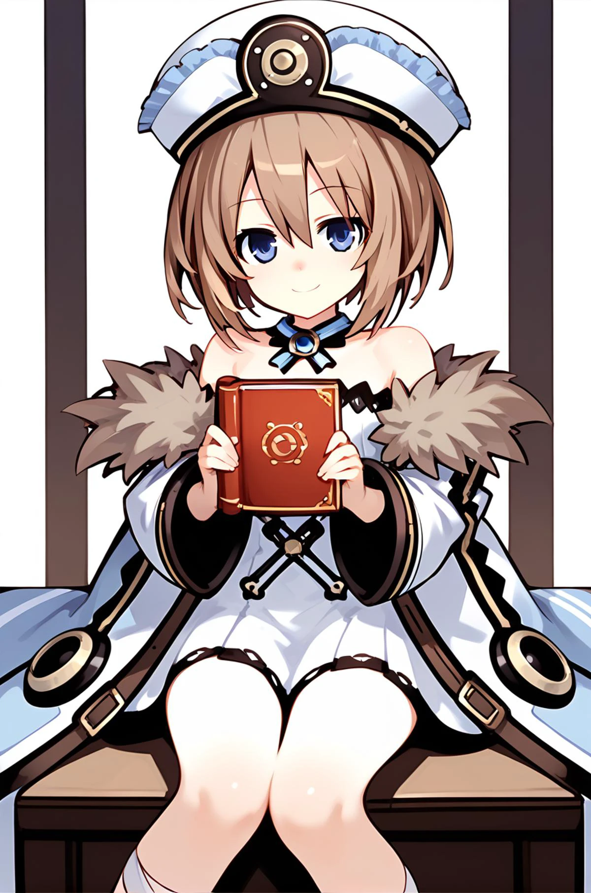 (score_9,score_8_up,score_7_up,score_6_up,score_5_up,score_4_up), source_anime, (rating_safe:0.0), (rating_questionable:0.0),(rating_explicit:1.0), best quality, masterpiece, uncensored, BEARK,
<lora:Blanc_Neptunia_PonyXL:0.8> Blanc \(neptunia)\, brown hair, blue eyes, short hair, hat, ribbon, long sleeves, wide sleeves, off shoulder, bare shoulders, short dress, coat, fur trim, ankle ribbon, smile, holding book,