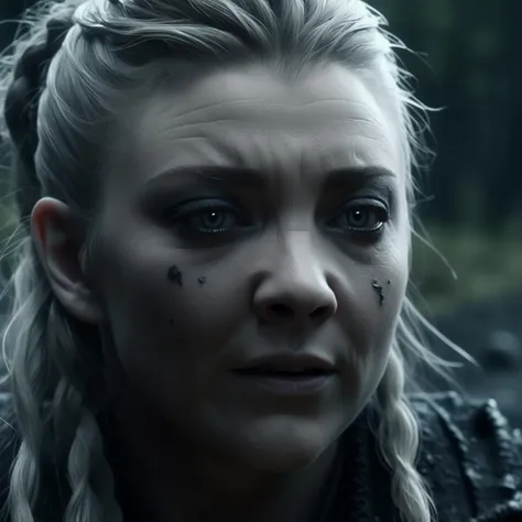 Close-up of (ohwx woman) <lora:NatalieDormer:1> in Hellblade: Senua's Sacrifice, emerging from black mud, long hair with dreads, war blue paint, paint fading, angry expression, dirty face, finely detailed eyes, moody, viking clothes, epic scene, epic composition, Photography, Cinematic Lighting, Volumetric Lighting, ethereal light, intricate details, extremely detailed volumetric rays