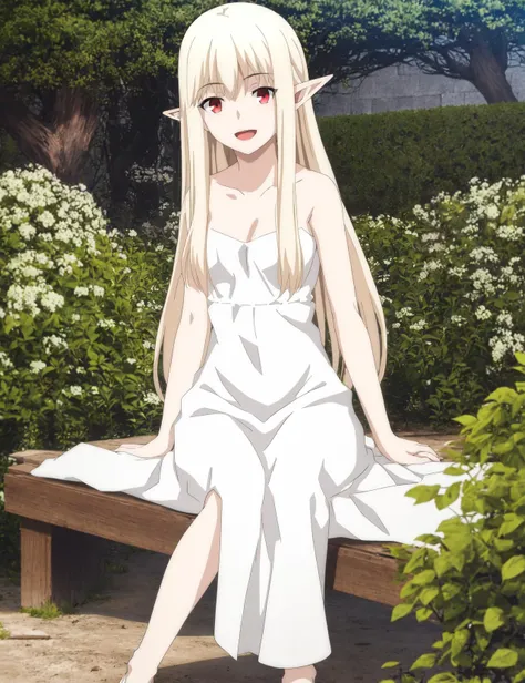 1girl, fate, solo, long blonde hair, fairy, elf ear, white long dress, bare shoulder, bare long legs, red eyes, sitting, masterpiece, best quality, outdoor, looking at viewer, happy, cowboy shot, <lora:ufotablev1:0.65>