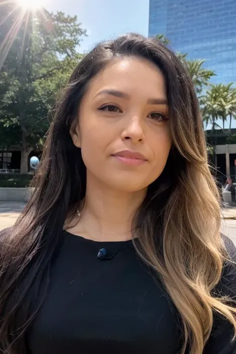 valkyrae, raw photograph, portrait, upper body, woman wearing business casual attire, outside of a convention center, out doors, cinematic, sunny, sharp lighting, three-quarter view, , sunlight through hair, <lora:valkyrae_v1_sd1.5_andyxn:0.50>