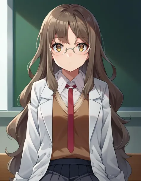 score_9, score_8_up, score_7_up, source_anime,
riofutaba, <lora:rio-futaba-ponyxl-lora-nochekaiser:1>,
rio futaba, long hair, brown hair, brown eyes,
glasses, skirt, shirt, school uniform, white shirt, pleated skirt, glasses, collared shirt, black skirt, vest, red necktie, labcoat, white labcoat, brown vest,
indoors, classroom, sitting,
looking at viewer, cowboy shot, dutch angle, dynamic pose,