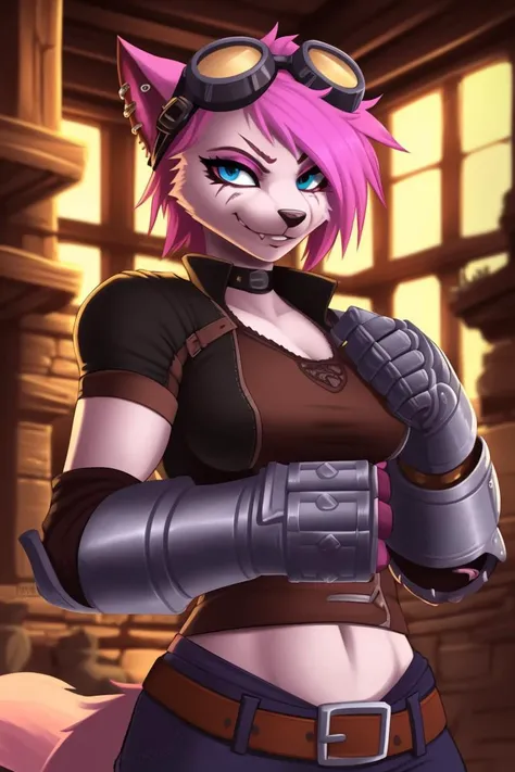vi, cat, solo, vi, original-clothes, gauntlets, pink hair, goggles on head, piercing, detailed, intricate details, masterpiece, absurdres, best quality, cowboy shot <lora:vi:0.5>