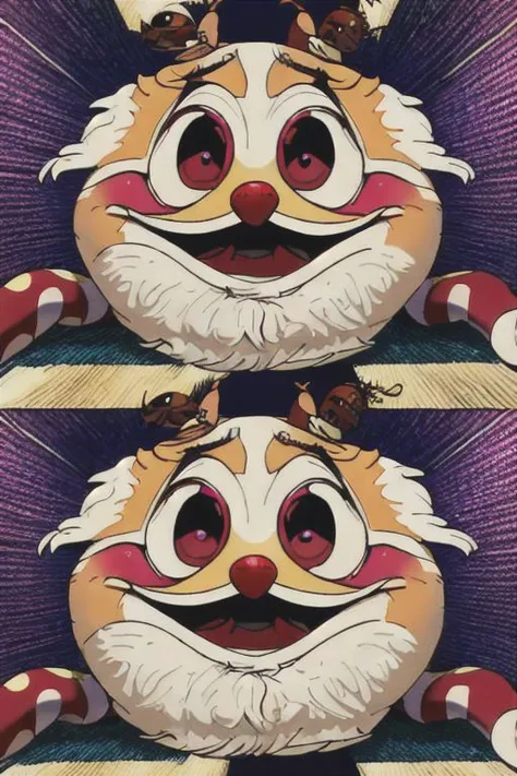 Creep fluffy funny bug-eyed Cockroach clown, detailed expressive eyes, big head, huge ears, laughs, funny eyes, funny caricature, humor, cinematic, hyperdetalization, real photo, random angle, rich color, detailed texture, fur