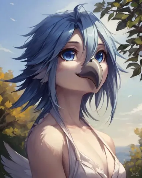 <lora:add_detail:0.3> <lora:wowifier2:0.3> 1girl, solo, digital art, masterpiece, medium shot, outdoors, , blue eyes, bird girl, avian, anthro