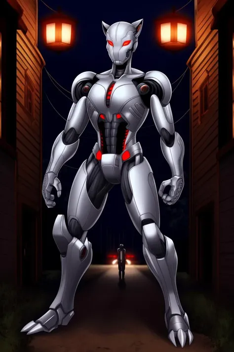ultron, cat, solo, standing, red eyes, night, detailed, intricate details, masterpiece, absurdres, best quality, cowboy shot <lora:ultron:0.3>