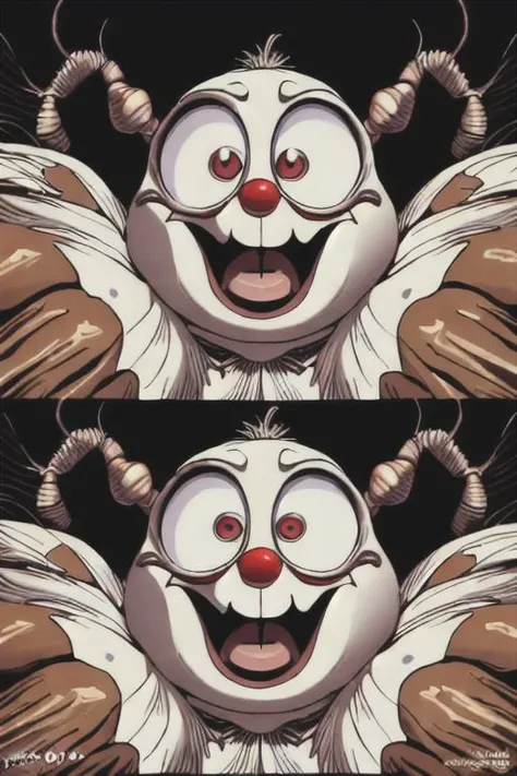 Creep fluffy funny bug-eyed Cockroach clown, detailed expressive eyes, big head, huge ears, laughs, funny eyes, funny caricature, humor, cinematic, hyperdetalization, real photo, random angle, rich color, detailed texture, fur