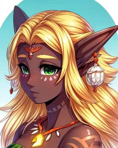 solo, 1girl, shy, SoniaTotk, pointy ears, blonde hair, tattoo, earrings, necklace, green eyes, dark skin, <lora:add_detail:0.5>, <lora:wowifierV2:0.3> <lora:SoniaTotk:1>