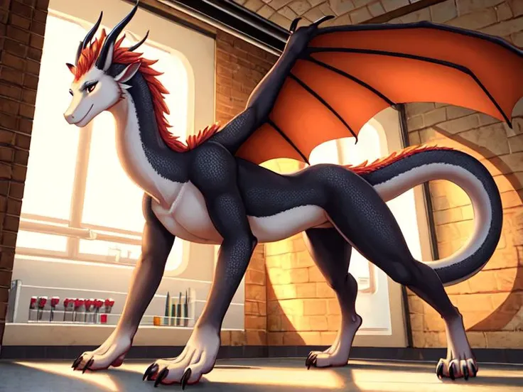 masterpiece, best quality, ultra realistic, 4k, 2k, (3d \(artwork\):1.2), blender \(software\), sharp focus, ray tracing, (unreal engine:1.3), absurd res, BREAK, , (full body portrait), (claws, toe claws), ((digitigrade)), looking at viewer, hindpaws, nsfw, horns, (huge wings:1.3), (seductive, cocky, looking at viewer), detailed vagina, (by etheross, by lizet:1.2), (standing on all fours:1.3), jewelry, (intelligent:1.1), (slender body:1.1), solo ( feral:1.2) (female sexy white dragon:1.2),. (gorgeous, sexy, beautiful:1.1), (tall, long legs, elongated:1.1), horns, (long tail), BREAK, (extremely spacious underground laboratory with white walls:1.3), ceiling lights, inside, jewelry, lab equipment,