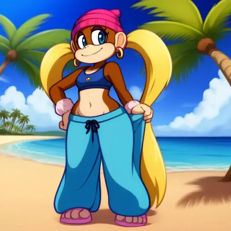masterpiece, best quality, high resolution, full body, perfect body, perfect face, great detail, depth of field, tinykong, anthropomorphic, blonde hair, twin tails, baggy pants, monkey, crop top, light brown fur, beanie, anthro monkey, solo, 1girl, beach background, palm trees, curvy hips, cel shaded, cartoon,
