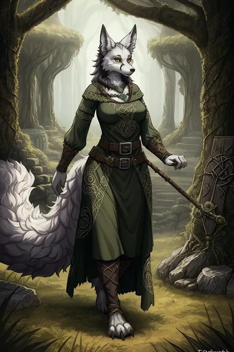 anthro kitsune woman, fluffy tail, black grey fur , Celtic tunic top,Celtic pants , old fantasy, Celtic, Druid town, style of (Tarakanovich:0.7) and Foxovh