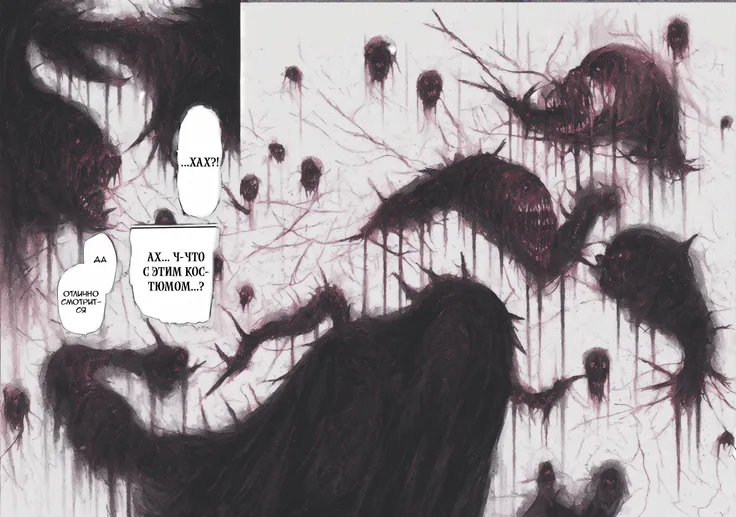 <lora:dustyraypaints:1> dustyraypaints, painting, drawing, creepy, scary, bloody, cut
<lora:monster:1> monster
1girl, female, Comic