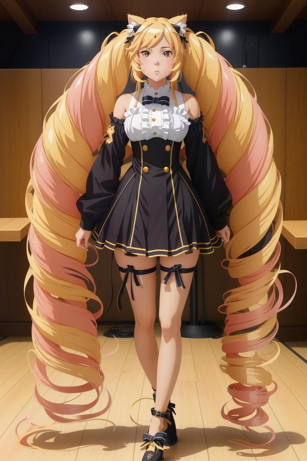 <lora:СÑÐ¸Ð»Ñ Sword Art Online(girl,cute):1> girl,cute, <lora:My LORA:0.7> Himeko, very long hair, red eyes, hair bow, twin_drills, twintails, long hair,cat ears, yellow cat ears, (((masterpiece))), (((best quality))), (((illustration))), (((finely detail))), ((extremely detailed cg unity 8k wallpaper, highres)), (beautiful detailed face and eyes and hair:1.1), (an extremely delicate and beautiful girl:1.2), ultra-detailed, ultra high res, high quality, 4K, extreamly delicate and beautiful, full_body, standing, in full growth, hourglass waist