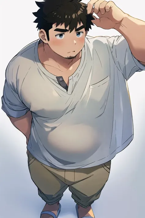 1man,masterpiece best quality, Chubby, Belly, Round face, from above, messy hair, nipples, Casual clothes, Simple white background  <lora:Baralora:0.5>