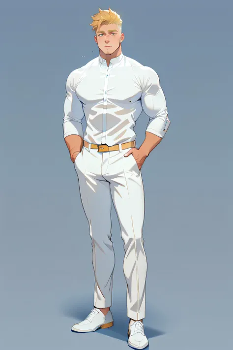 full body and head. handsome young adult manly man, blonde hair, best quality, color scheme green , plain background, white background, <lora:Baralora:0.6>