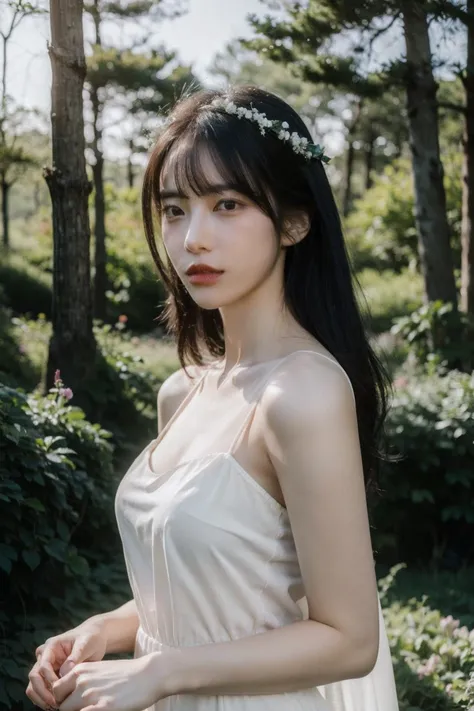 (realistic), (hyperrealism),best quality, masterpiece,ultra high res, (photorealistic:1.4),1girl,pale skin,skinny,(looking at viewer:2),forest, flowers, sunlight,
<lora:makina69_mido_v1.0:1>   , black wedding dress , bare shoulders, cowboy shoot,