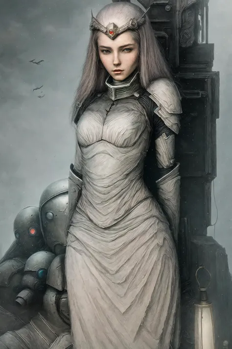 Cybernetic Engineer Starship Pilot wearing Mecha Armor, Alan Lee and H. R. Giger and Johannes Vermeer and Bastien Lecouffe - Deharme, hyperrealism, surrealism, vibrant interplay of light and shadow, (intricate details, hyperdetailed_1.15) by <lora:Anton_Semenov_ArtStyle:0.85>