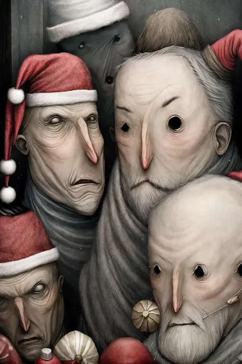 drunk, creepy santa, muddy, crowded bottles bar, disturbing, creepy, gloomy, rotten by <lora:Anton_Semenov_ArtStyle:0.85>
