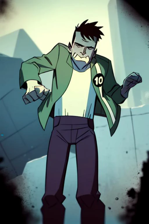 <lora:somo-10:1>somo, <lora:benuaf-09:1> benuaf, 1boy, brown hair, blue pants, green jacket, masterpiece, best quality