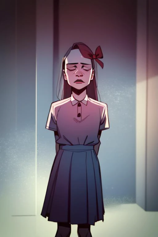 <lora:somo-10:1>somo, 1girl, <lora:fnaf elizabeth afton-08:1> elizabeth , elizabeth, , bow, pink shirt, blue skirt, hair bow, solo, masterpiece, best quality