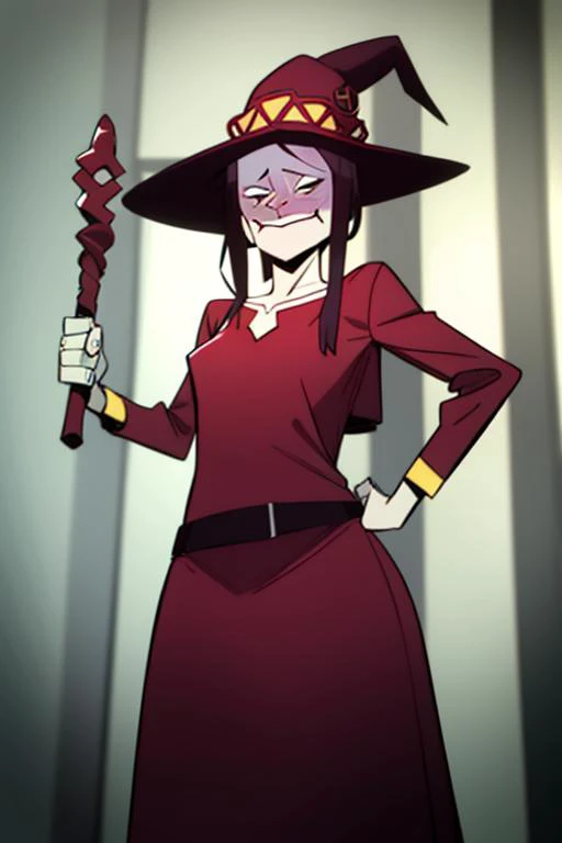 <lora:somo-10:1>somo, solo, 1girl, megumin, red dress, black witch hat, holding wooden staff,, masterpiece, best quality