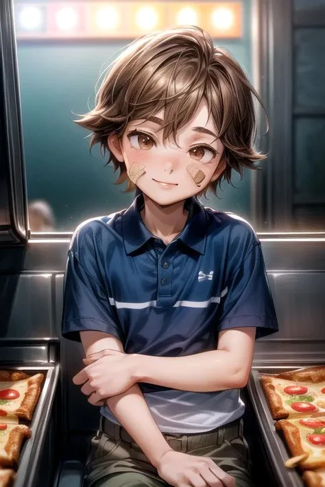 (masterpiece, perfect anatomy, best quality:1.3), (upper body:1.3), detailed adorable face, <lora:FNaFGregory:0.6> FNaFGregory, AS-YoungerV2 male focus,  inside detailed arcade pizzeria, sitting down at booth eating slice of pizza, slurping pizza slice, (excited blush smile lip-gloss, detailed Band-Aid on face cheek), (chin-length brown hair, beautiful brown eyes), (blue polo with two horizontal stripes, tan cargo shorts), chiaroscuro, volumetric lighting, volumetric shading, high resolution, extreme detail,  <lora:more_details:1>