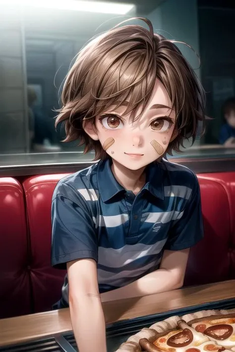 (masterpiece, perfect anatomy, best quality:1.3), (upper body:1.3), detailed adorable face, <lora:FNaFGregory:0.6> FNaFGregory, AS-YoungerV2 male focus,  inside detailed arcade pizzeria, sitting down at booth eating slice of pizza, slurping pizza slice, (excited blush smile lip-gloss, detailed Band-Aid on face cheek), (chin-length brown hair, beautiful brown eyes), (blue polo with two horizontal stripes, tan cargo shorts), chiaroscuro, volumetric lighting, volumetric shading, high resolution, extreme detail,  <lora:more_details:1>