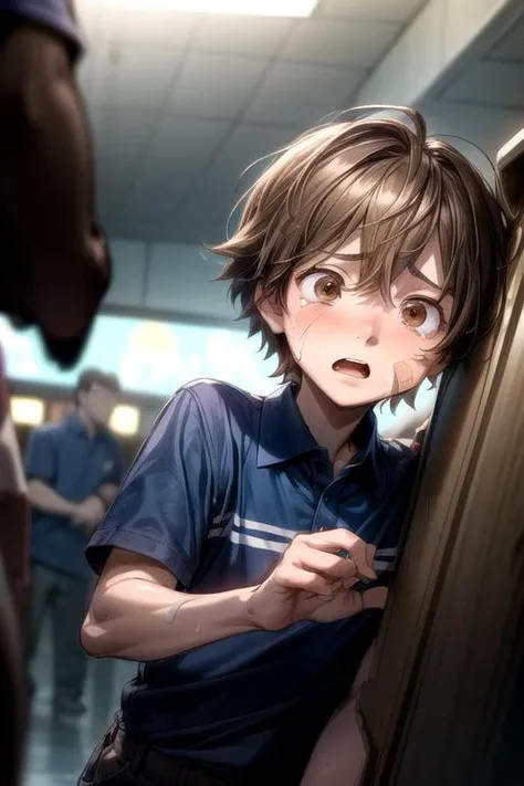 1 , Adorable Detailed Face, FNAF Gregory,  inside a detailed arcade pizzeria, (excited blush, smile lip gloss, detailed Band-Aid on the cheek of the face), (chin length brown hair, beautiful brown eyes), (Blue polo shirt with two horizontal stripes, tan cargo shorts), chiaroscuro,  bright colors, big thighs, tongue out, open mouth, big ass, provocative pose, semen, flat chest, ugly adult men around, drooling, torn shirt