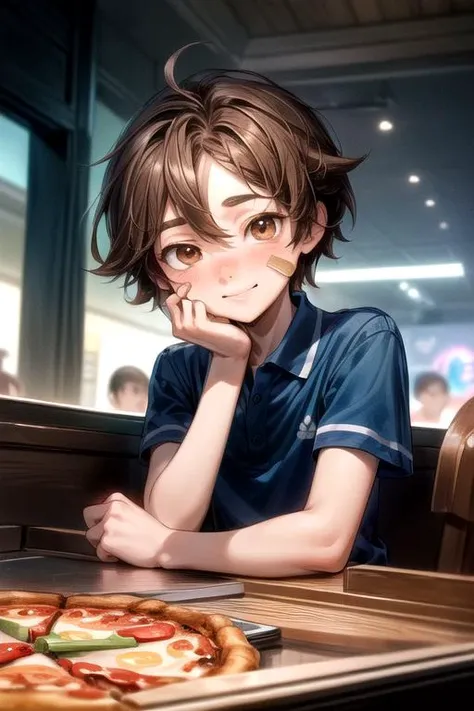 (masterpiece, perfect anatomy, best quality:1.3), (upper body:1.3), detailed adorable face, <lora:FNaFGregory:0.6> FNaFGregory, AS-YoungerV2 male focus,  inside detailed arcade pizzeria, sitting down at booth eating slice of pizza, slurping pizza slice, (excited blush smile lip-gloss, detailed Band-Aid on face cheek), (chin-length brown hair, beautiful brown eyes), (blue polo with two horizontal stripes, tan cargo shorts), chiaroscuro, volumetric lighting, volumetric shading, high resolution, extreme detail,  <lora:more_details:1>