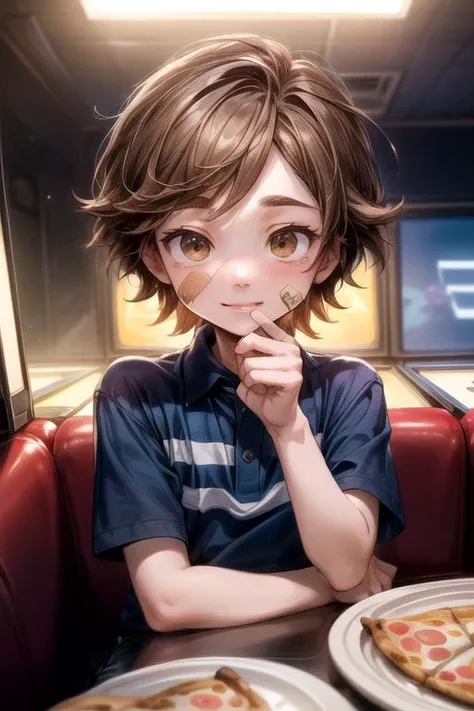 (masterpiece, perfect anatomy, best quality:1.3), (upper body:1.3), detailed adorable face, <lora:FNaFGregory:0.6> FNaFGregory, AS-YoungerV2 male focus,  inside detailed arcade pizzeria, sitting down at booth eating slice of pizza, slurping pizza slice, (excited blush smile lip-gloss, detailed Band-Aid on face cheek), (chin-length brown hair, beautiful brown eyes), (blue polo with two horizontal stripes, tan cargo shorts), chiaroscuro, volumetric lighting, volumetric shading, high resolution, extreme detail,  <lora:more_details:1>