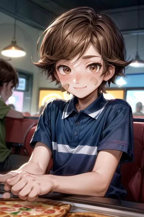 (masterpiece, perfect anatomy, best quality:1.3), (upper body:1.3), detailed adorable face, <lora:FNaFGregory:0.6> FNaFGregory, AS-YoungerV2 male focus,  inside detailed arcade pizzeria, sitting down at booth eating slice of pizza, slurping pizza slice, (excited blush smile lip-gloss, detailed Band-Aid on face cheek), (chin-length brown hair, beautiful brown eyes), (blue polo with two horizontal stripes, tan cargo shorts), chiaroscuro, volumetric lighting, volumetric shading, high resolution, extreme detail,  <lora:more_details:1>