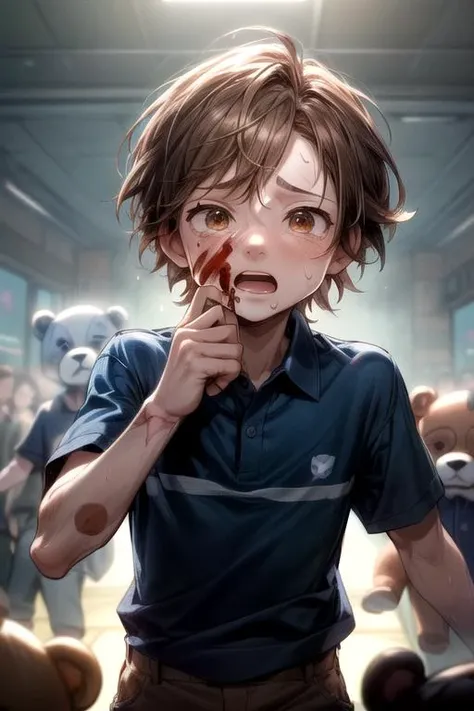 (masterpiece, perfect anatomy, best quality:1.3), (upper body:1.3), detailed adorable face, <lora:FNaFGregory:0.6> FNaFGregory, AS-YoungerV2 male focus, inside arcade, being held against will from behind, bear animatronics, detailed blood spots, (scared fear terror horrified sweat screaming crying tears lip-gloss, detailed Band-Aid on face cheek), (chin-length brown hair, beautiful brown eyes), (blue polo with two horizontal stripes, tan cargo shorts), chiaroscuro, volumetric lighting, volumetric shading, high resolution, extreme detail, <lora:more_details:1>