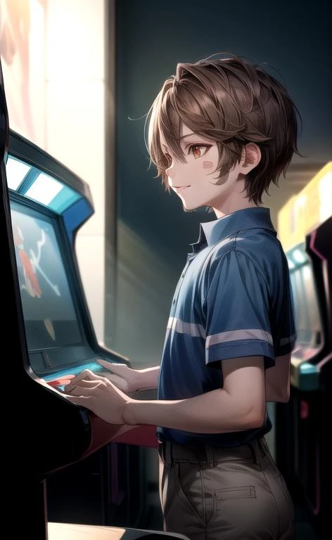 (masterpiece, perfect anatomy, best quality:1.3), (upper body from side look back eye contact:1.3), detailed adorable face, <lora:FNaFGregory:0.6> FNaFGregory, AS-YoungerV2 male focus, inside detailed arcade standing still playing games, (smile lip-gloss, Band-Aid on face cheek), (chin-length brown hair, beautiful brown eyes), (blue polo with two horizontal stripes, tan cargo shorts), chiaroscuro, volumetric lighting, volumetric shading, high resolution, extreme detail, <lora:more_details:1> <lora:Arcade:0.6>