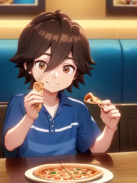 best quality, masterpiece, highres, detailed, perfect anatomy, <lora:Detail - add_detail:0.2>, <lora:FNaFGregory:1>, male child, brown hair, FNAFGregory, brown eyes, blue shirt with two stripes, inside restaurant, eating pizza, smile, bandage on face,