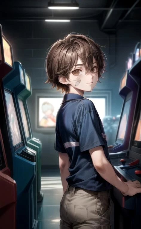 (masterpiece, perfect anatomy, best quality:1.3), (upper body from side look back eye contact:1.3), detailed adorable face, <lora:FNaFGregory:0.6> FNaFGregory, AS-YoungerV2 male focus, inside detailed arcade standing still playing games, (smile lip-gloss, Band-Aid on face cheek), (chin-length brown hair, beautiful brown eyes), (blue polo with two horizontal stripes, tan cargo shorts), chiaroscuro, volumetric lighting, volumetric shading, high resolution, extreme detail, <lora:more_details:1> <lora:Arcade:0.6>