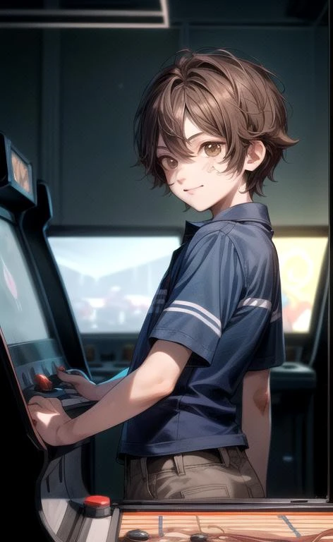 (masterpiece, perfect anatomy, best quality:1.3), (upper body from side look back eye contact:1.3), detailed adorable face, <lora:FNaFGregory:0.6> FNaFGregory, AS-YoungerV2 male focus, inside detailed arcade standing still playing games, (smile lip-gloss, Band-Aid on face cheek), (chin-length brown hair, beautiful brown eyes), (blue polo with two horizontal stripes, tan cargo shorts), chiaroscuro, volumetric lighting, volumetric shading, high resolution, extreme detail, <lora:more_details:1> <lora:Arcade:0.6>