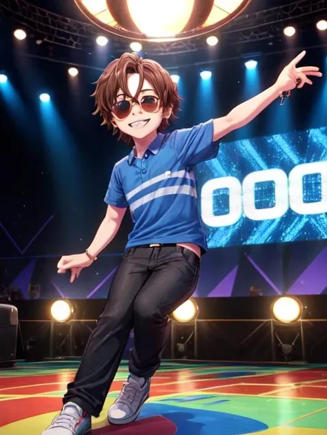 best quality, masterpiece, highres, detailed, perfect anatomy, <lora:Detail - add_detail:0.2>, <lora:FNaFGregory:0.8>, male child, brown hair, FNAFGregory, blue shirt with two stripes, one bandage on face, inside restaurant, disco ball, wearing sunglasses, dancing, on stage, 90's restaurant, evil smile, black pants,