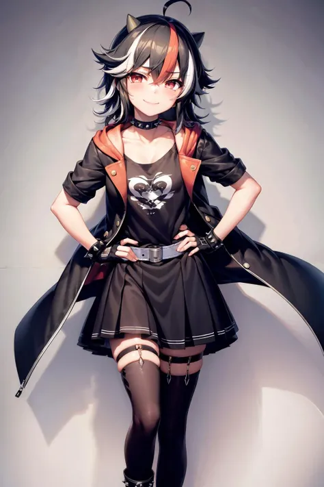 (masterpiece, highest quality, highest quality, (No text), Beautiful and aesthetic:1.2),No text,アニメ、BREAK,One Girl,Black Hair Girl short hair older sister choker Tree Eyes Beautiful eyes Red eyes cool smile Red and Black Black jacket mini skirt whole body In town