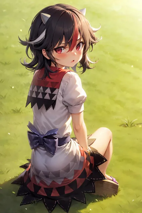 masterpiece, best quality, <lora:KijinSeija:1>,1girl, kijin seija, solo, horns, multicolored hair, black hair, streaked hair, looking at viewer, short sleeves, dress, sitting, red hair, puffy short sleeves, white hair, puffy sleeves, hair between eyes, sandals, short hair, blush, white dress, bracelet, jewelry, bow, red eyes, grass, bangs, blue bow, outdoors, from above, arm support, closed mouth, lens flare, bowtie, red sailor collar, looking back, light particles