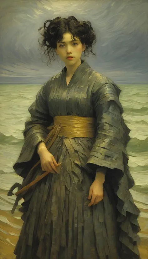 DuctTapeRay, (designed by Alvar Aalto:1.0) , Oil painting by Van Gogh, Suspicious Dire flyweight Cossack (Female Shadow:1.3) Fisherman, in clothes, the Shadow has Gold hairstyle, curly hair, at Overcast, 80mm, Pastel Colors, lots of details, most beautiful artwork in the world, Expressive, impasto, vibrant, Brushstroke-heavy, Textured, Impasto, Colorful, Dynamic, Bold, Distinctive, Vibrant, Expressive, Swirling, Intense, Luminous, Textural, Spiraled, Van Gogh style, bold colors, girl