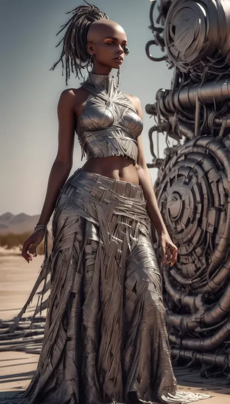DuctTapeRay, Surprising, intricate, Provia, traditional Moorish (Female Godess:1.2) , the Girl is Energizing, Standing at a Solar power station, she is dressed in Halter top and maxi skirt, her Halter top and maxi skirt is tailored by Rick Owens, her hair is Bald, CineColor, Tranquil, surreal design, Fantasy